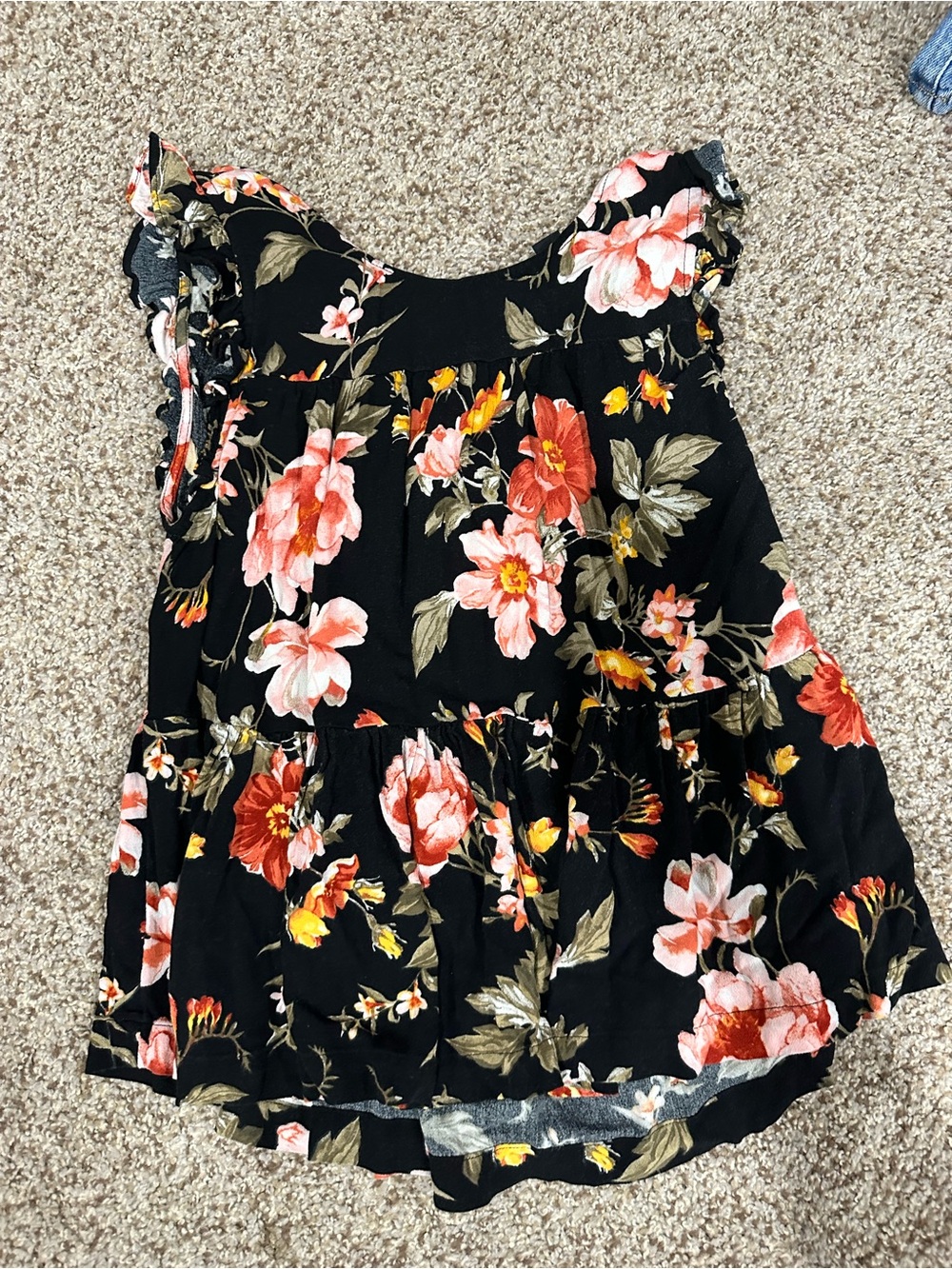 Floral Ruffle Cap-Sleeve Women's Top - Black with Pink & Coral Flowers